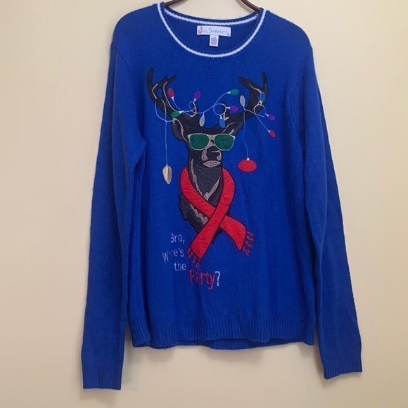 Jolly Sweaters Sweaters - Jolly Sweaters | Blue “Bro Where’s The Party”Holiday Reindeer Unisex Sweater L